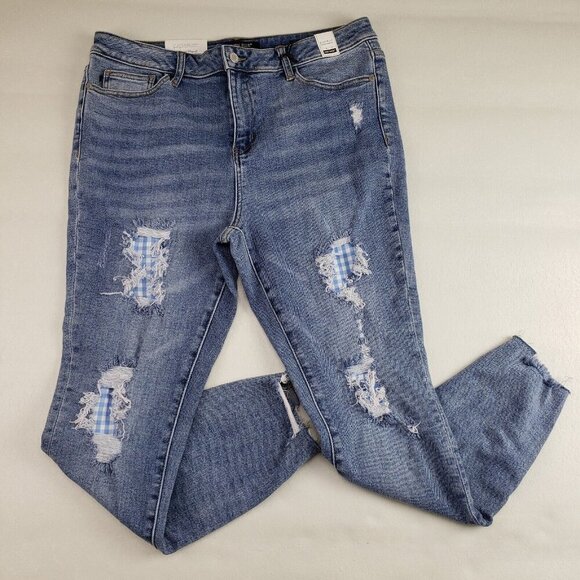 Judy Blue Gingham Distressed Jean Womens 15/32 Blue Raw Hem High Rise Skinny NEW - Picture 1 of 13